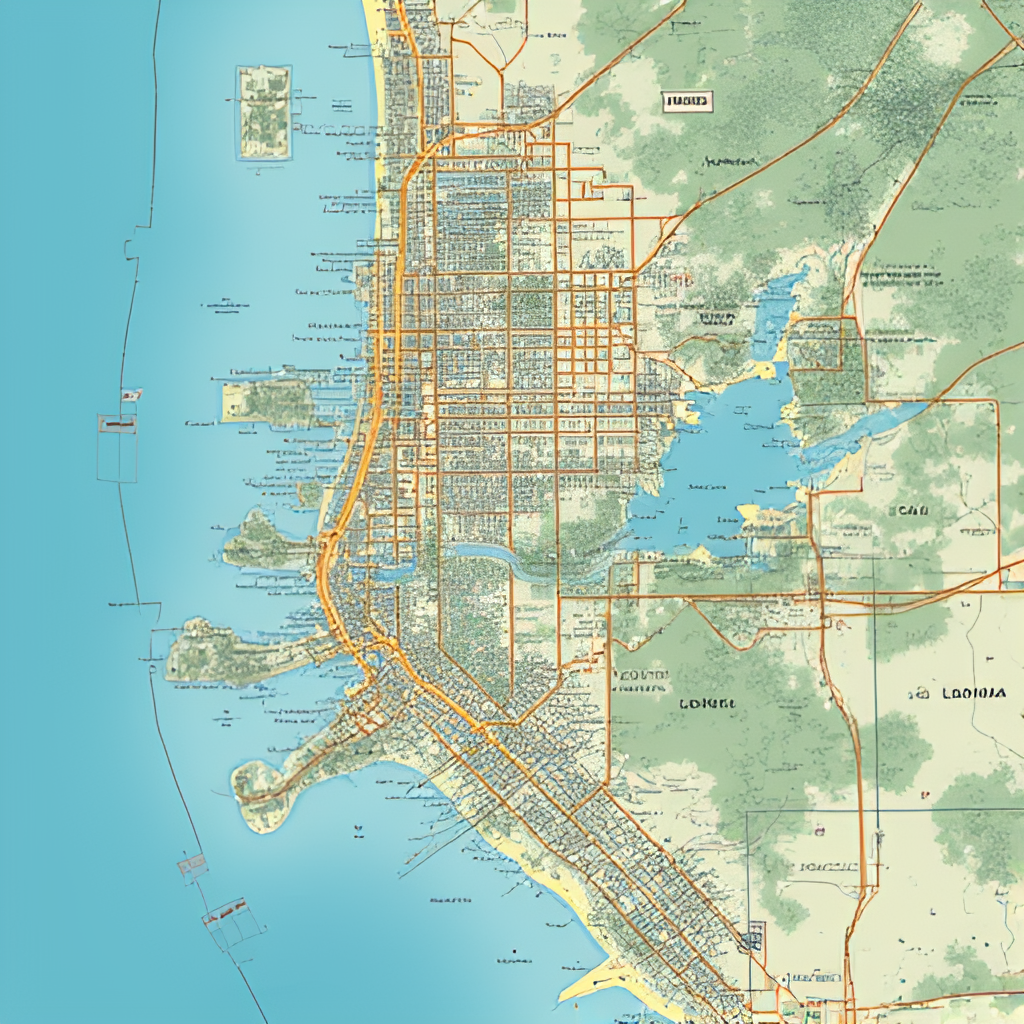 A detailed map overview of the state of Leonida, highlighting the densely populated Vice City area, sprawling swamps, beaches, and highways, in a top-down perspective similar to in-game maps, with various landmarks subtly visible.