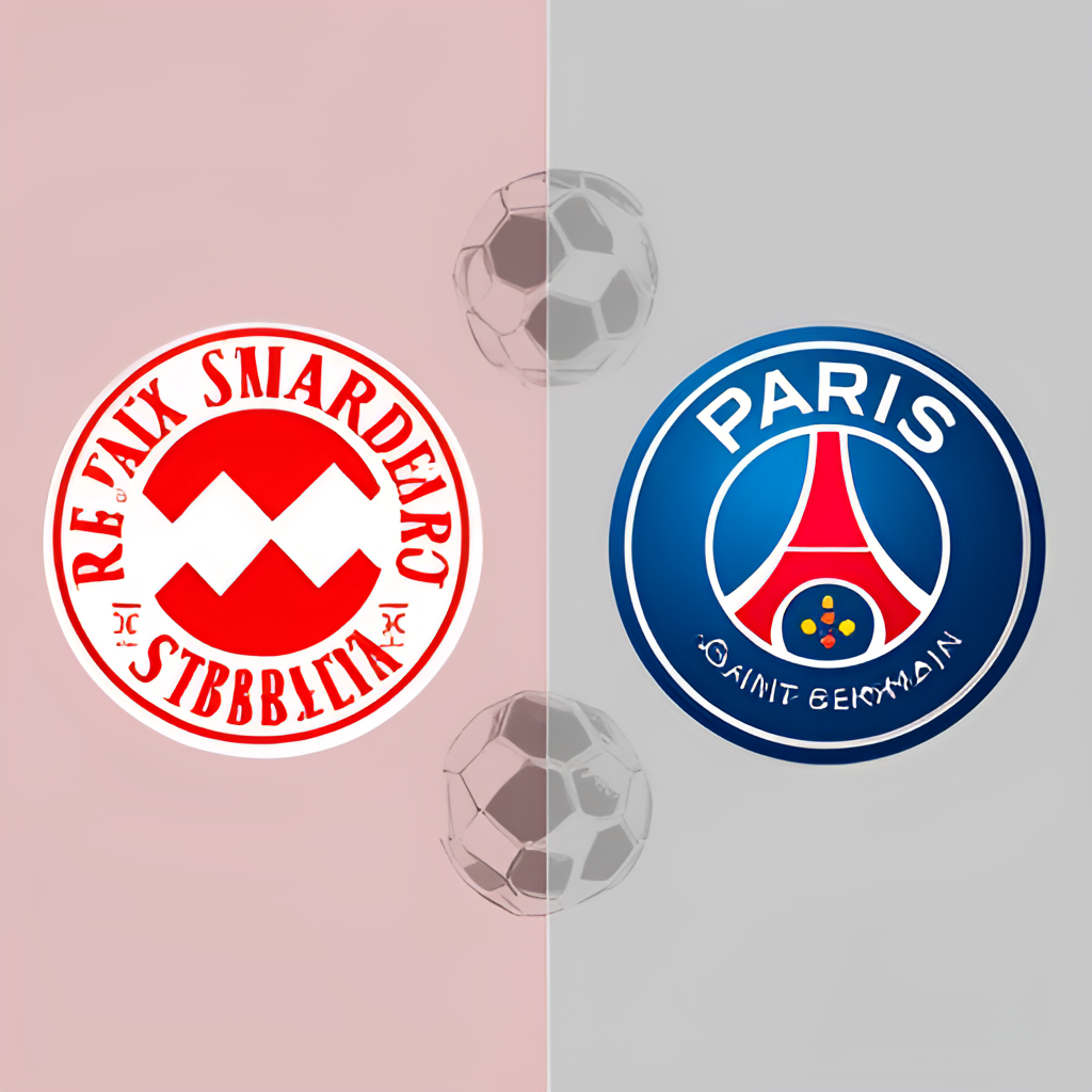 A split image or graphic showing the logos of RC Strasbourg Alsace and Paris Saint-Germain side-by-side, perhaps with a football in between them, representing their upcoming match.
