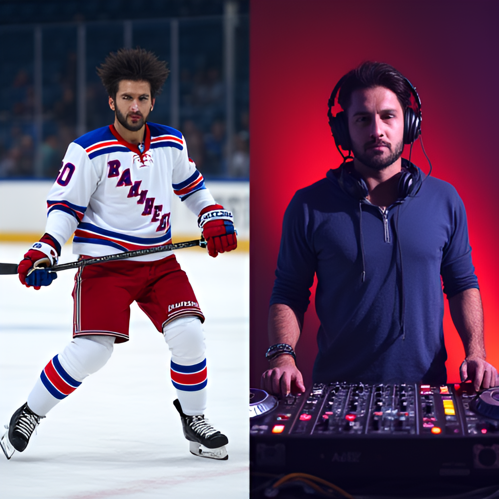 Split image: One side shows Mika Zibanejad in his New York Rangers uniform on the ice, and the other side shows him as a DJ behind a mixing console with headphones, contrasting styles, bright lights, capturing his dual passions