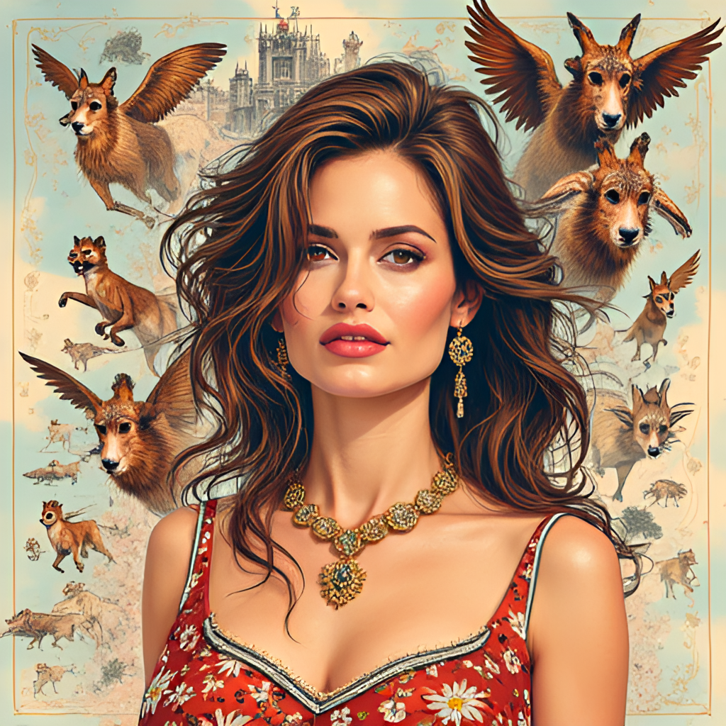 A vibrant, stylized illustration showcasing key moments from Angelina Jolie's film career, perhaps with small vignettes representing different movie genres she's tackled, like action, drama, and fantasy.