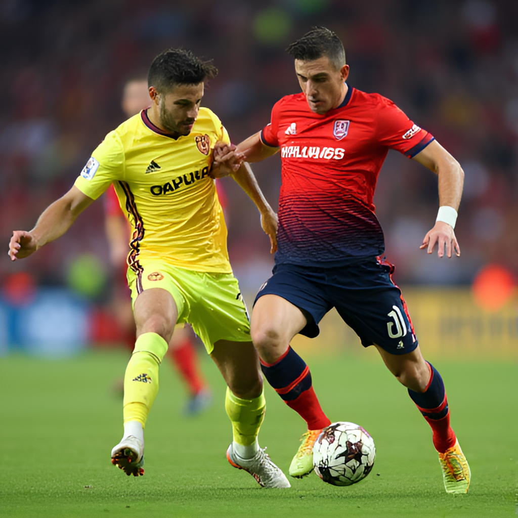 A dynamic action shot of two football players, one from Girona and one from Villarreal, challenging for the ball in midfield during a match, showing intensity and determination.