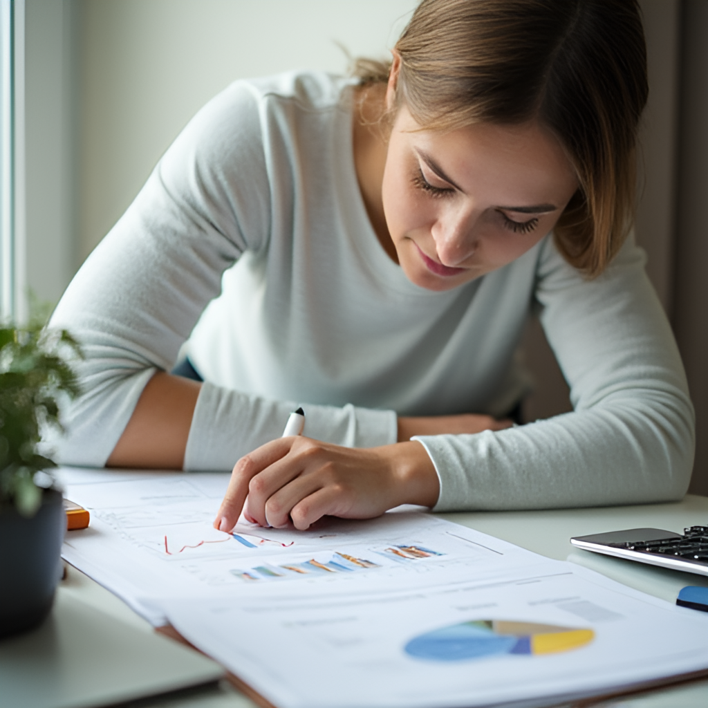 A conceptual image depicting a person thoughtfully reviewing financial documents or a retirement plan, perhaps with a calculator or computer nearby, symbolizing preparation for future financial security and retirement, in a calm and reassuring setting.