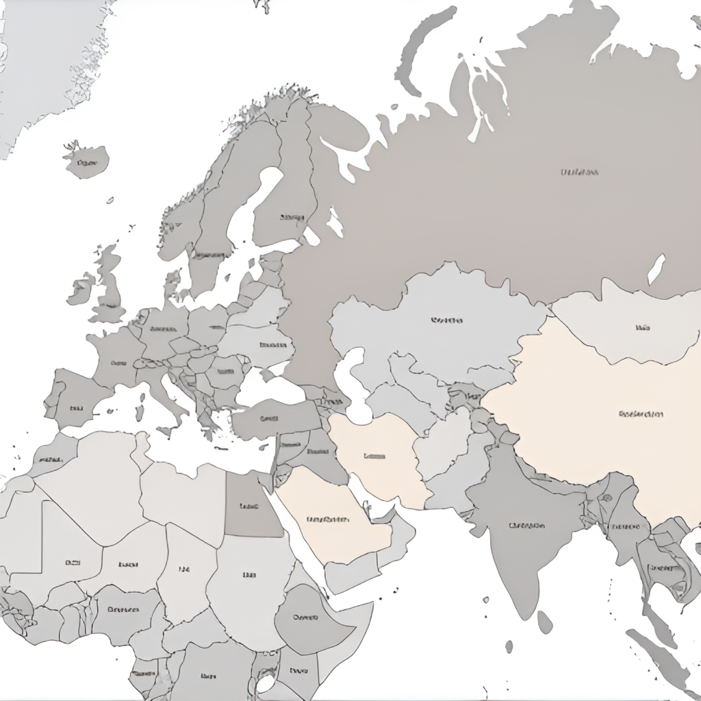 A map highlighting Russia's geopolitical influence across different regions, using varying shades or overlays to indicate areas of strong influence, military presence, or diplomatic engagement, with a focus on Eastern Europe, the Middle East, and potentially parts of Africa or Asia.