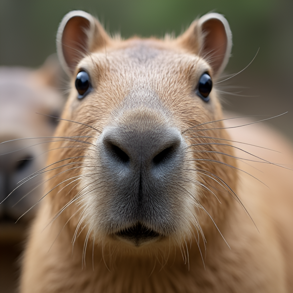 A close-up portrait of a capybara's face, showing its calm expression, small ears, and high-set eyes, perhaps with another capybara slightly out of focus in the background, in a natural, soft-focus style