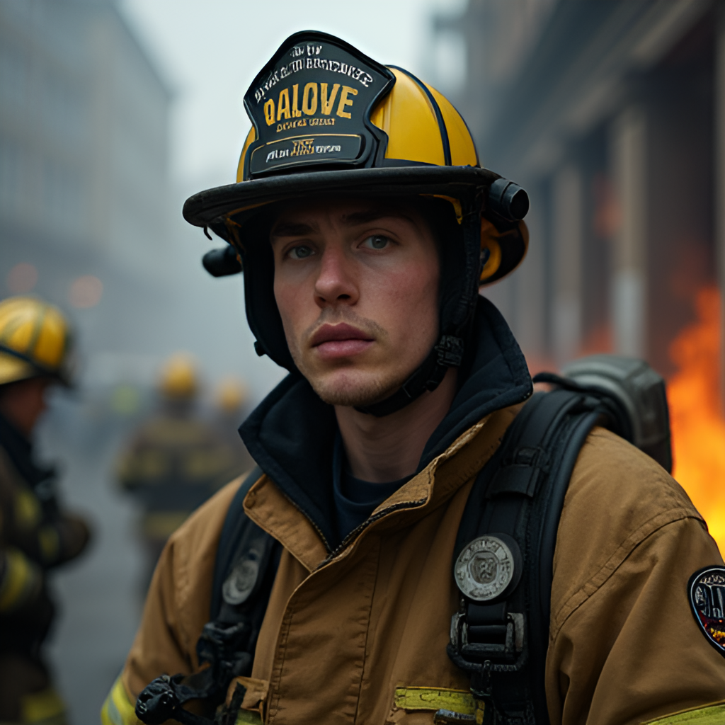 A close-up, slightly dramatic photo of a firefighter in full gear, perhaps with a helmet, looking determinedly towards a building. Emphasize the human element of their work.