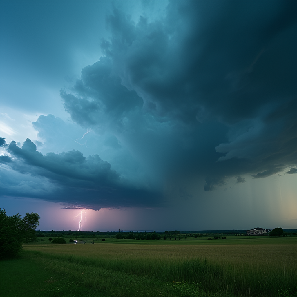 A dramatic photo of a summer thunderstorm approaching over a landscape with fields and trees, featuring dark storm clouds, distant lightning, and heavy rain in the distance, conveying the intensity of summer weather.