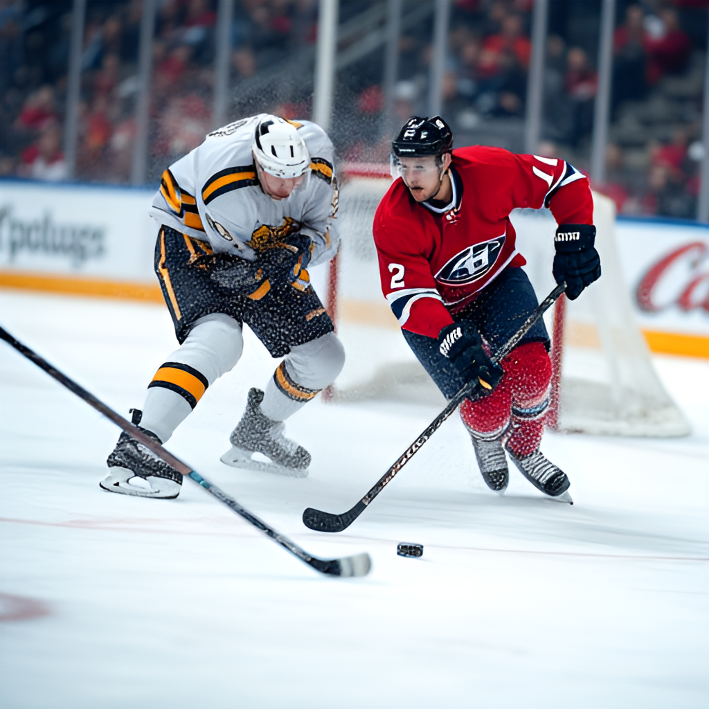 Close-up action shot of two hockey players fiercely battling for the puck in front of a net during a high-stakes game, showing intensity, speed, and flying ice spray.
