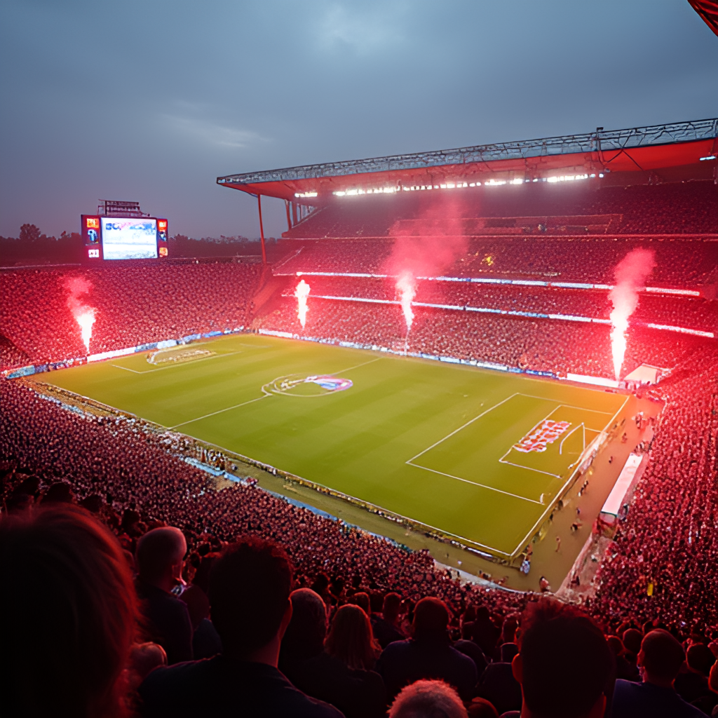 An aerial view or wide shot of Subaru Park stadium in Chester, Pennsylvania, packed with enthusiastic Philadelphia Union fans creating a vibrant atmosphere, perhaps with flares or flags