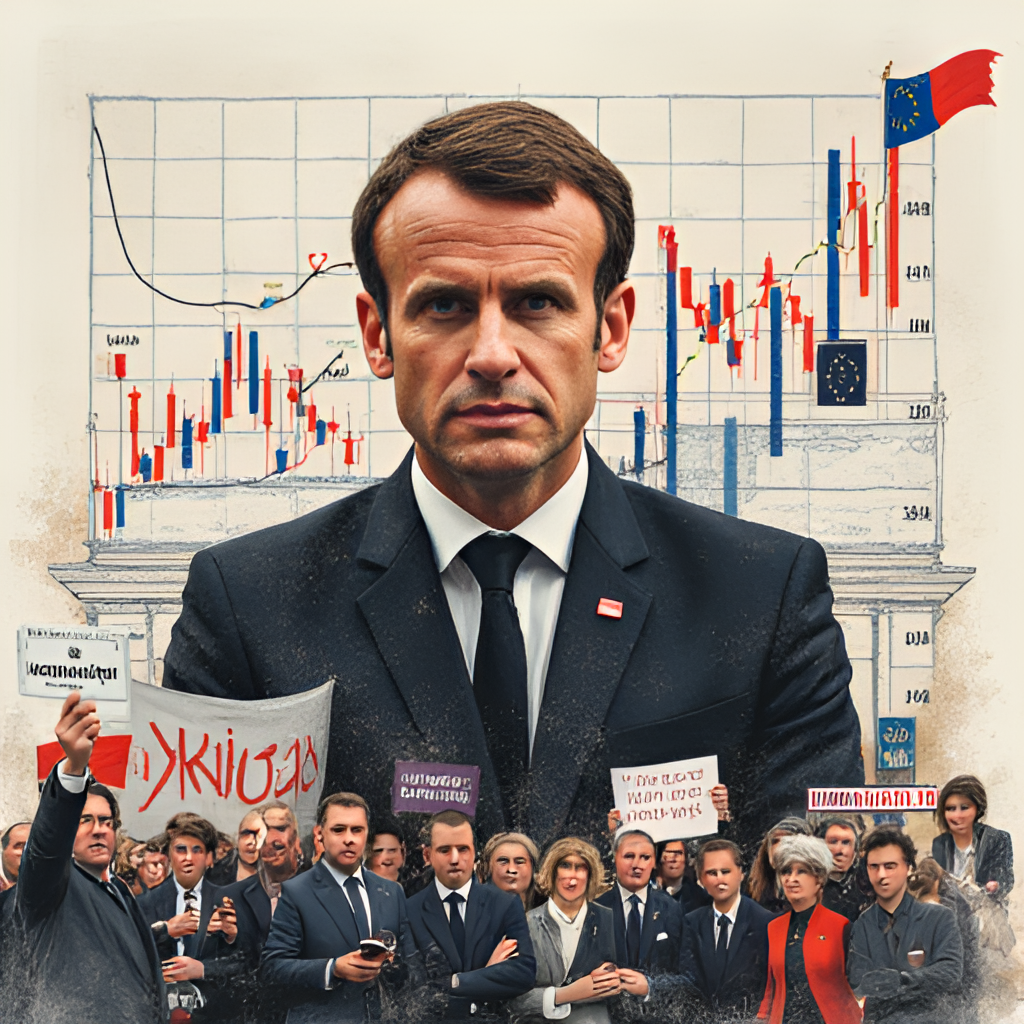 A photo montage or illustration representing the challenges and complexities of Macron's presidency, possibly showing protests, economic charts, and European symbols.