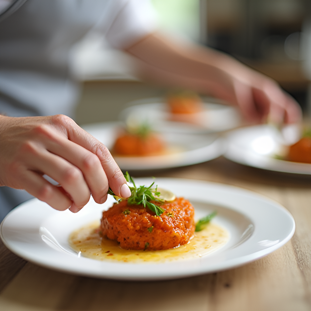 Close-up shot of hands arranging food artistically on a plate in a home kitchen, with other dishes blurred in the background, suggesting the preparation and presentation aspects of a cooking competition, bright and clean aesthetic, photorealistic style