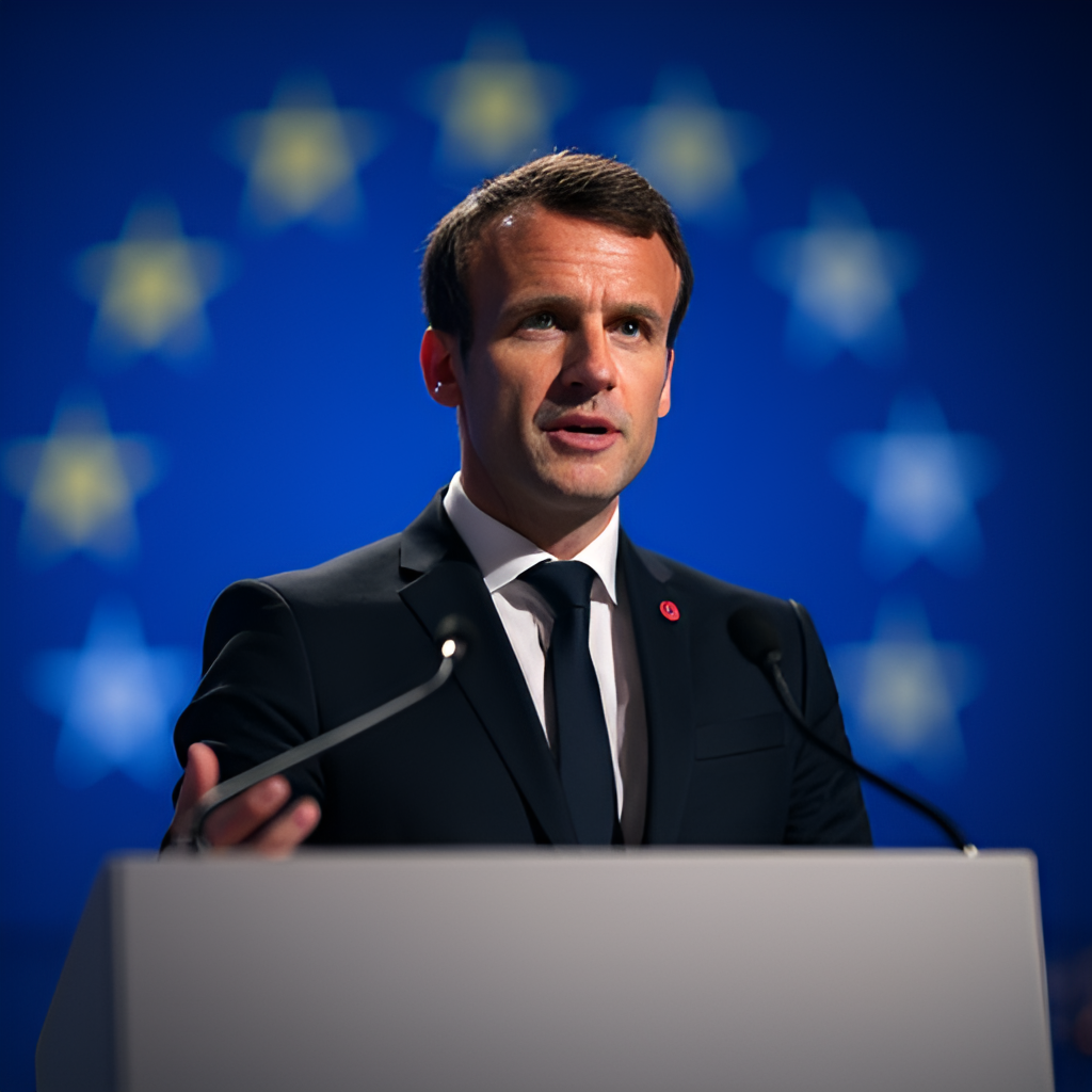A composite image showing Emmanuel Macron speaking at a podium in front of an EU flag, symbolizing his role in European politics, dynamic and slightly dramatic lighting.