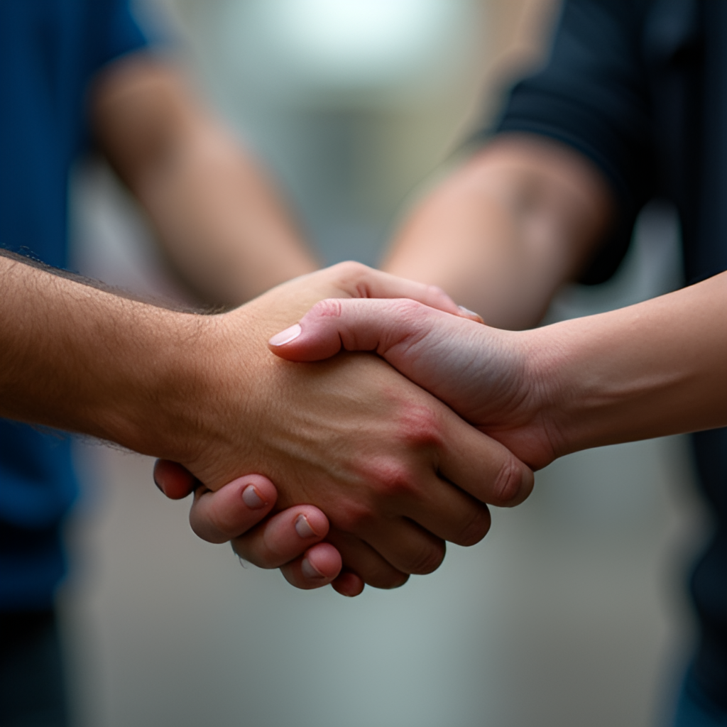 An image symbolizing support and community, showing hands holding together or a group of people united, possibly with a subtle nod to sport (like a floorball stick or ball in the background, blurred), representing the human connections helping Adam Choma in his fight, photographic style
