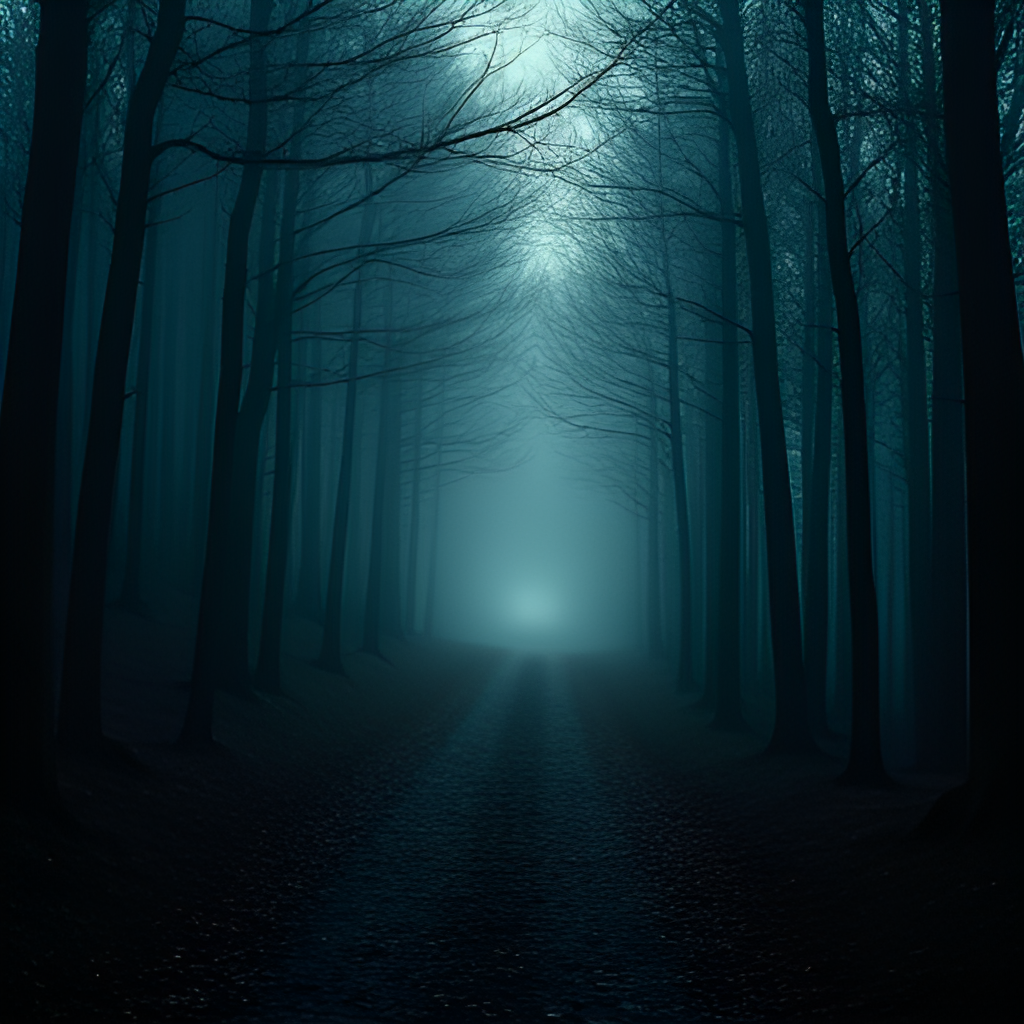 A photo-realistic image of a dark, mysterious forest path in the Czech Republic (like Branišovský les), with a subtle, unexplained light anomaly or shadow in the distance, conveying a sense of mystery and unease.