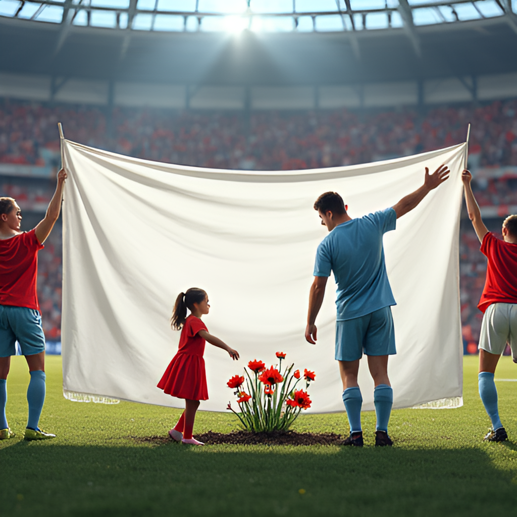 A photograph or illustration of a football stadium crowd holding up a large banner with a drawing of a man and a small girl planting a flag, representing unity and remembrance during a match.