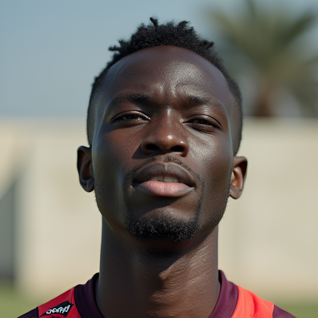 A portrait style image of Désiré Doué with a determined yet hopeful expression, perhaps in a training ground setting or a simple studio backdrop. He is wearing training gear or a casual football-related outfit.