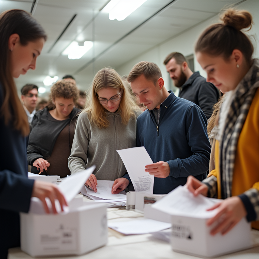A dynamic image showing a diverse group of people casting ballots in a polling station in Poland, conveying the act of voting and democratic process.