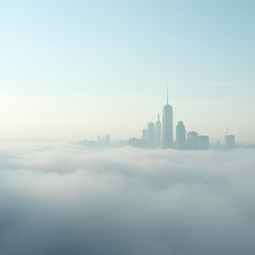A composite image or illustration depicting a weather inversion layer over Ostrava, with clearer sky visible above the low-lying haze, potentially showing taller structures piercing through the inversion.