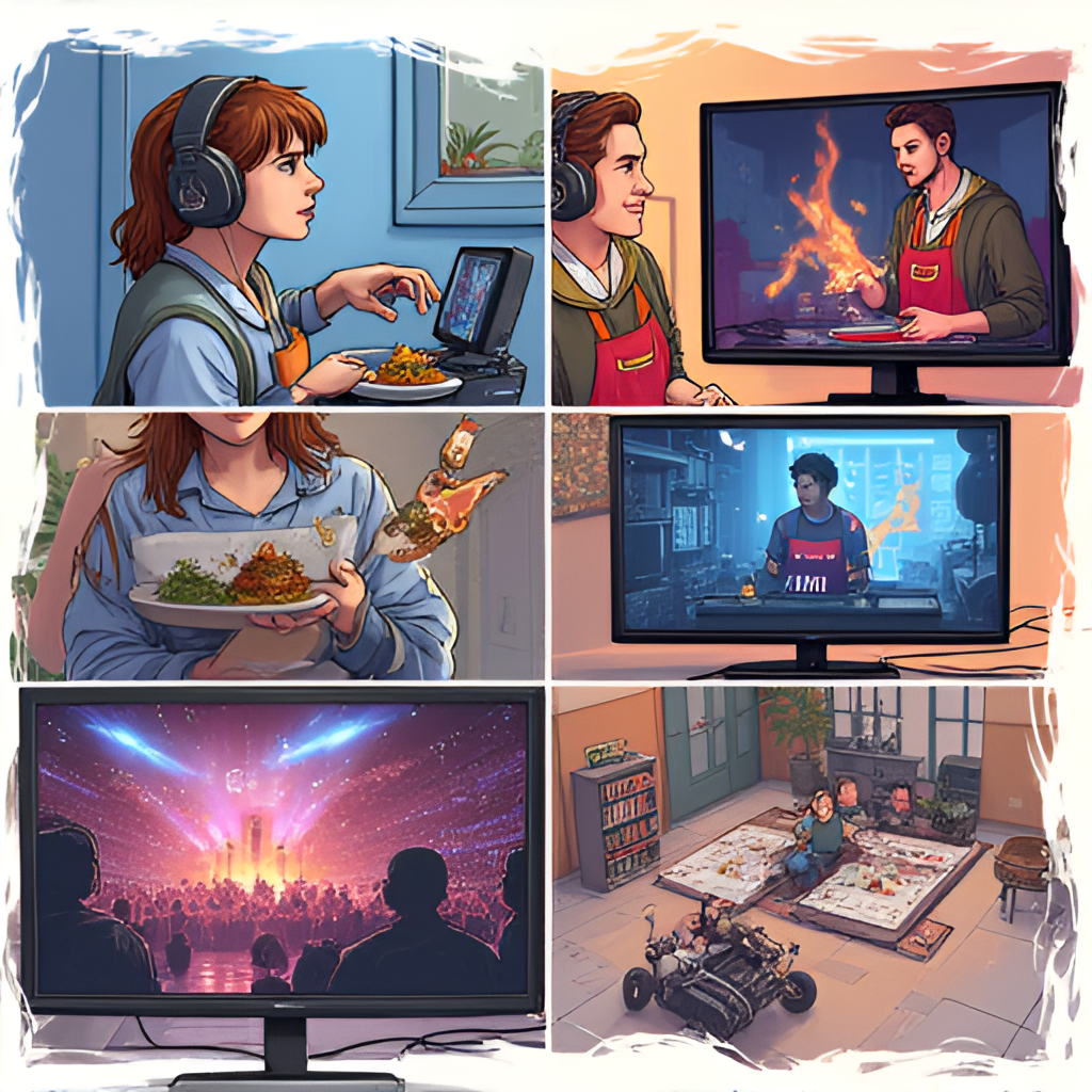 A dynamic photo collage or illustration depicting various types of content streamed on Twitch, including a gamer playing, a person cooking, someone creating art, and an esports event.