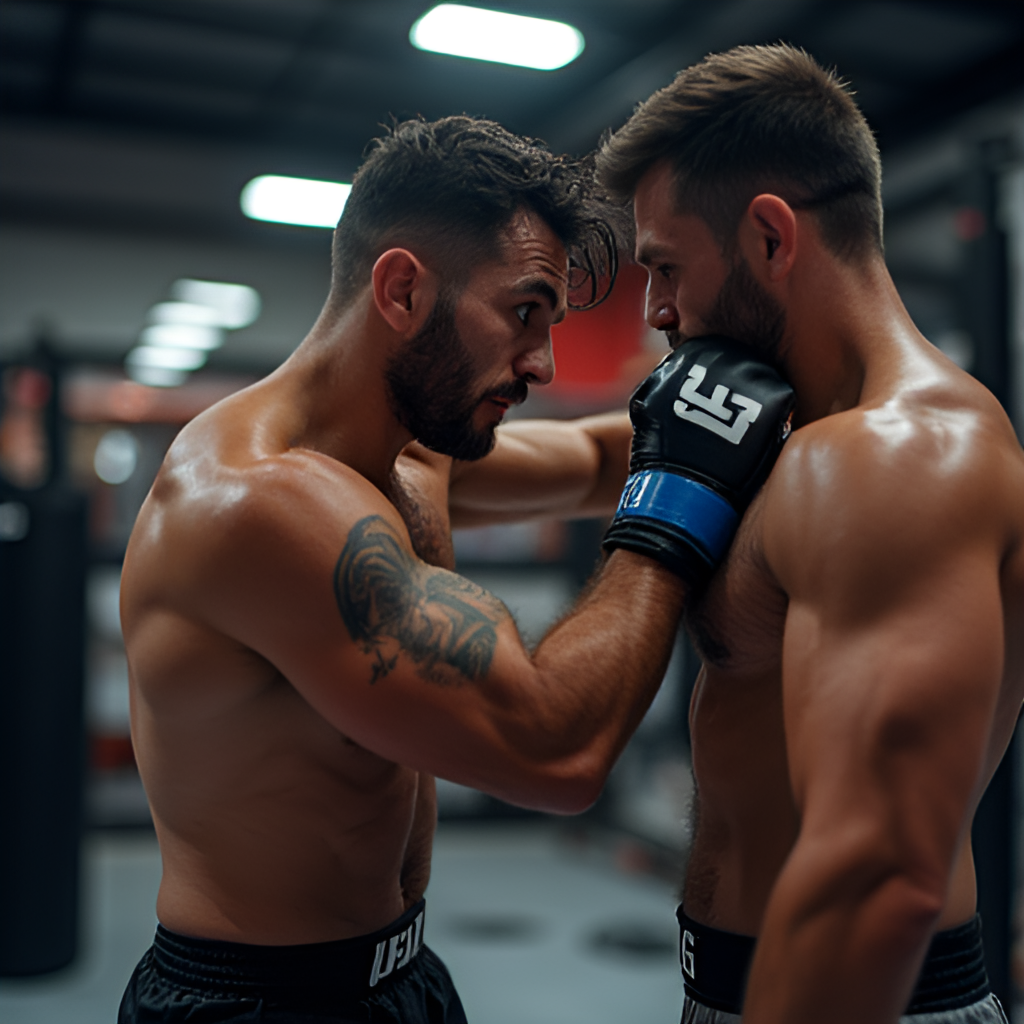A dynamic photo of a fighter training intensely in an MMA gym, perhaps hitting a heavy bag or sparring, conveying the dedication and physical effort required.