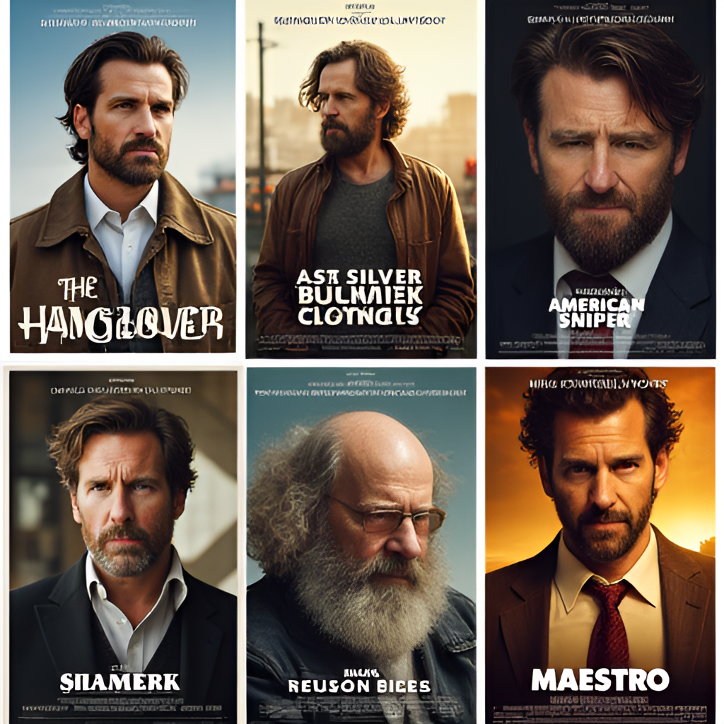 A collection of movie posters featuring Bradley Cooper in his most famous roles, such as The Hangover, Silver Linings Playbook, American Sniper, A Star Is Born, and Maestro.