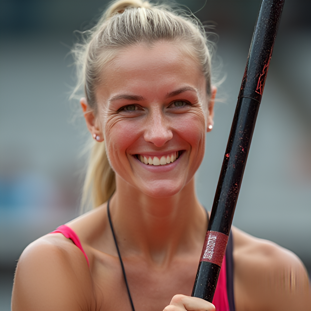 An close-up portrait of Amálie Švábíková smiling or looking determined, perhaps holding her pole, highlighting her personality and strength as an athlete.