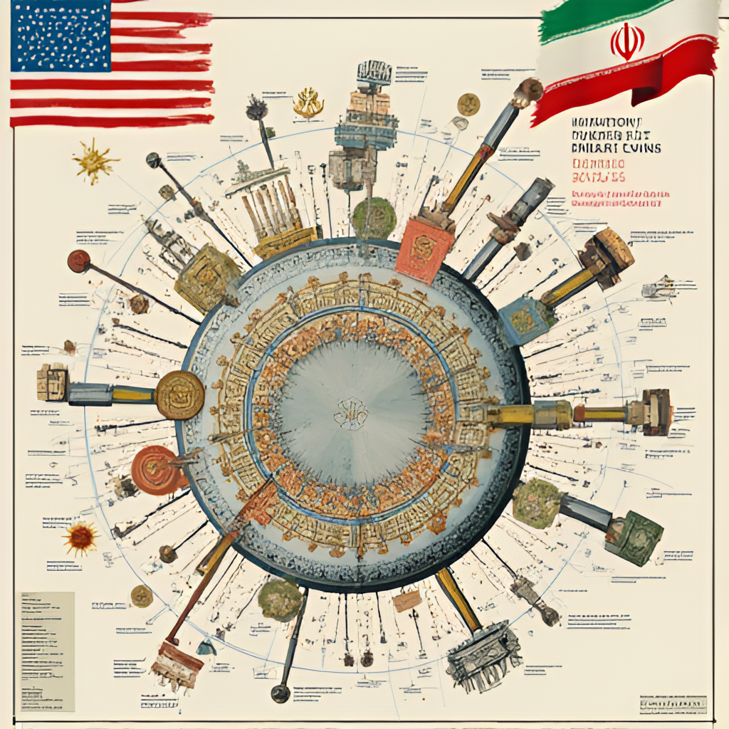 A complex visual representation of sanctions impacting the Iranian economy, possibly showing abstract symbols of trade barriers, currency fluctuations, or oil pipelines being restricted, with flags of USA and Iran in the background.