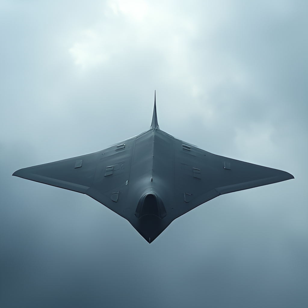 A dramatic low-angle wide shot photograph of a B-2 Spirit flying at low altitude against a cloudy sky, emphasizing its distinctive flying wing shape and sleek, dark surface, conveying a sense of power and stealth.