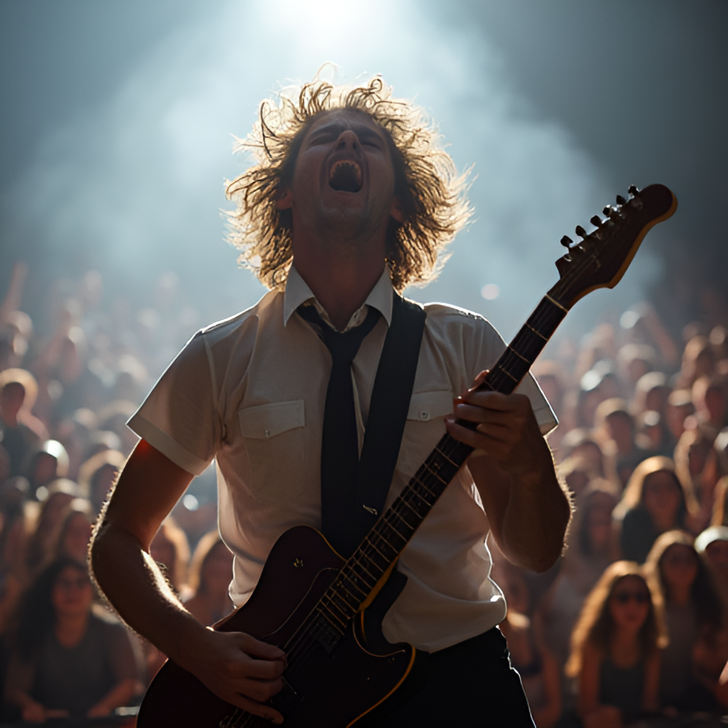 Concert photo of Angus Young in his school uniform mid-solo, eyes wide, sweating, hair flying, under dramatic stage lighting with smoke. The background shows a blurry but massive crowd.