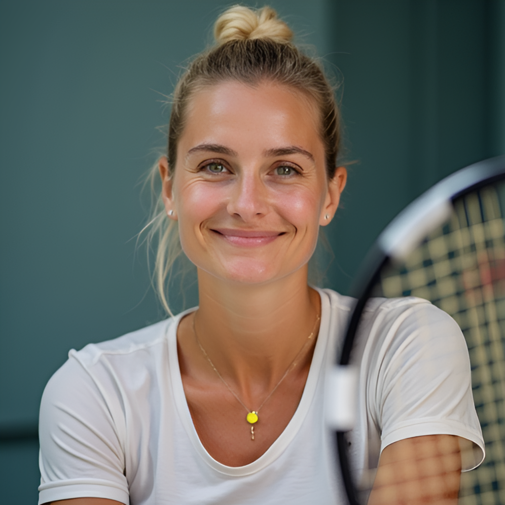 A portrait of Tereza Valentová off-court, perhaps during a training break or press conference, showing her confident yet approachable personality. She is smiling slightly, with a tennis racket subtly in the background or foreground. Clean, professional sports photography style.